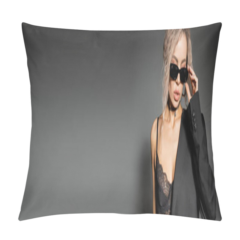 Personality  Fashion-forward Woman With Dyed Ash Blonde Hair, Wearing Lace Bra And Blazer, Adjusting Dark Sunglasses And Standing On Grey Background, Sexy Look, Confidence, Banner With Copy Space Pillow Covers