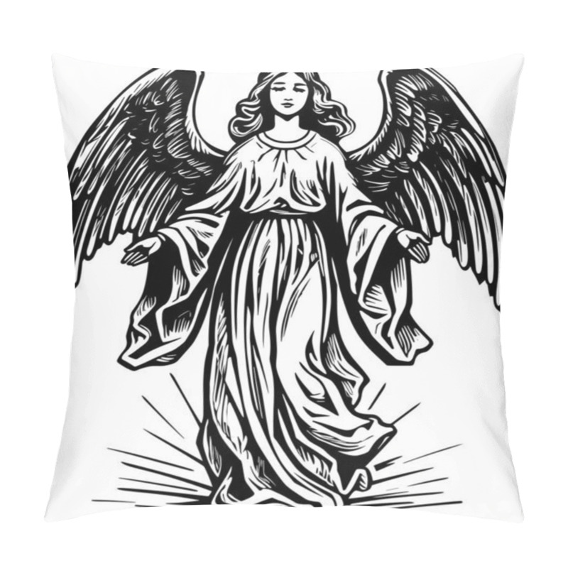 Personality  Woodcut Style Illustration Of Beautiful Angel Greeting You With Open Arms On White Background. Pillow Covers