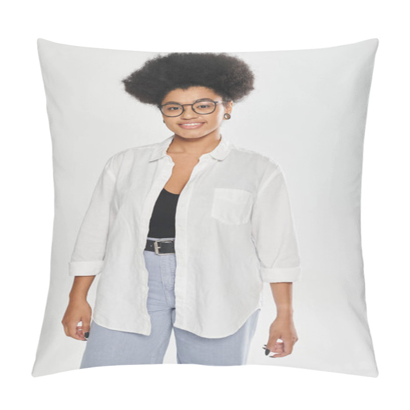 Personality  Portrait Of Cheerful African American Woman In Shirt Looking At Camera Isolated On Grey Pillow Covers