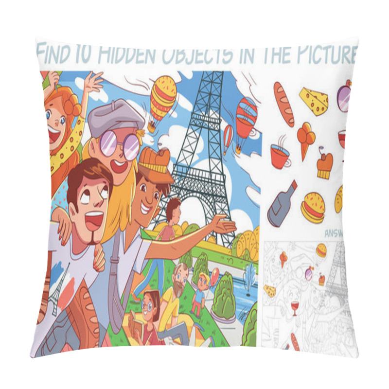 Personality  Friends In Paris Against The Background Of The Eiffel Tower. Find 10 Hidden Objects In The Picture. Puzzle Hidden Items. Funny Cartoon Character Pillow Covers