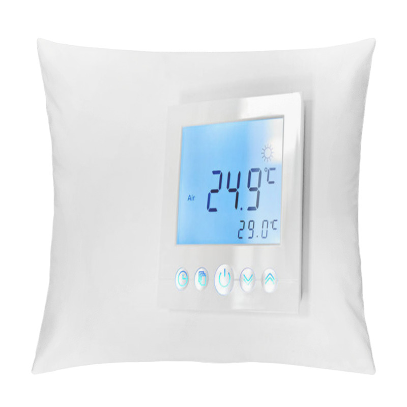 Personality  Close Up Shot Mounted On White Wall, Climate Control Indoor, Remote Air-conditioner Inside Smart Home Close Up View, No People. Modern Tech, Comfort Life Concept Pillow Covers