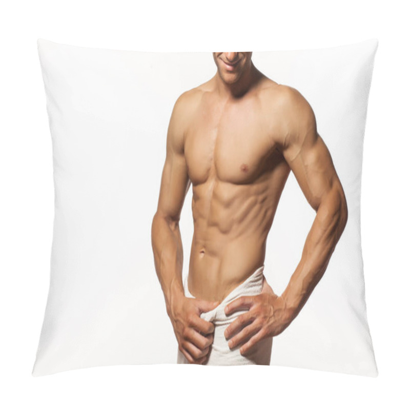 Personality  Half-naked Handsome And Muscular Young Man With Towel Around His Waist Posing On A White Background Pillow Covers