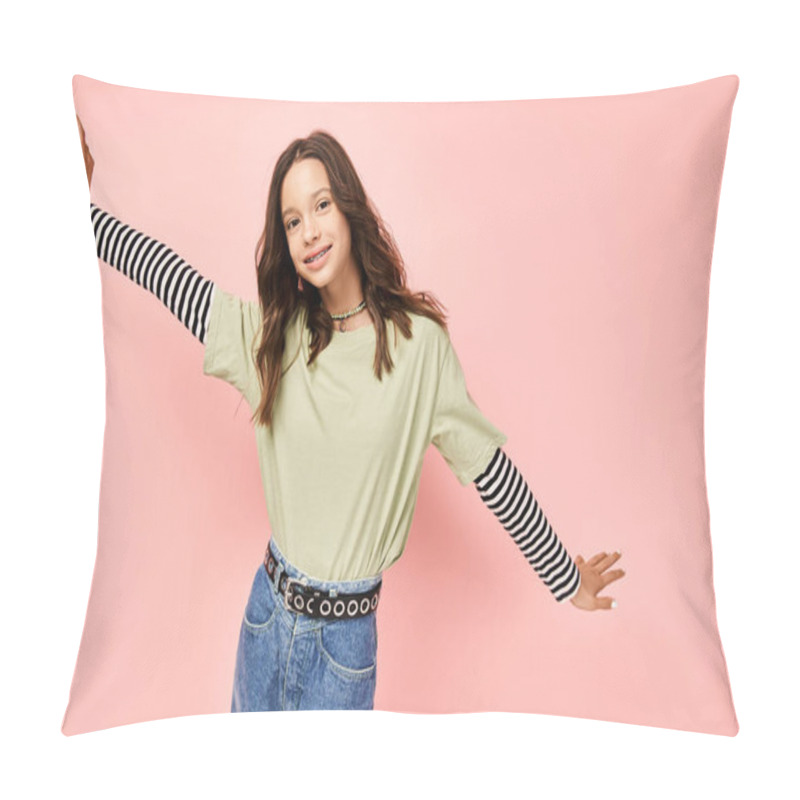 Personality  Stylish Teenage Girl In A Vibrant Green Shirt Joyfully Extends Her Arms In A Graceful Posing. Pillow Covers