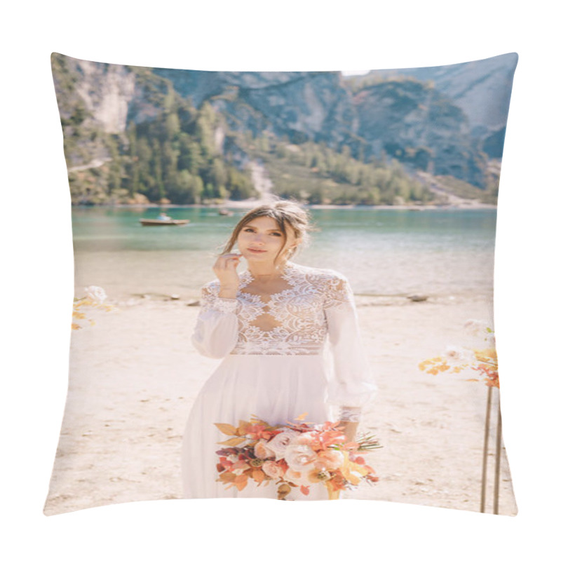 Personality  Beautiful Bride In A White Dress With Sleeves And Lace, With A Yellow Autumn Bouquet On Background Of The Arch For Ceremony, At Lago Di Braies In Italy. Destination Wedding In Europe, On Braies Lake. Pillow Covers