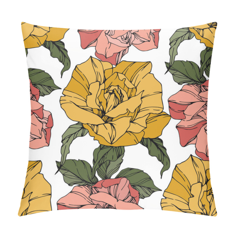 Personality  Beautiful Vector Roses. Wild Spring Leaves. Coral And Yellow Engraved Ink Art. Seamless Background Pattern. Fabric Wallpaper Print Texture. Pillow Covers