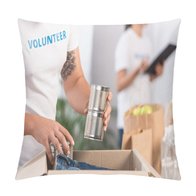 Personality  Cropped View Of Volunteer Putting Tin Cans In Carton Box  Pillow Covers