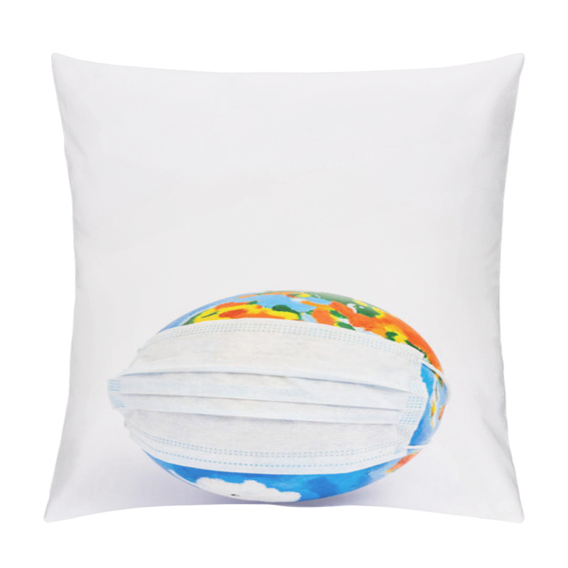 Personality  Globe In Protective Medical Mask On White With Copy Space Pillow Covers