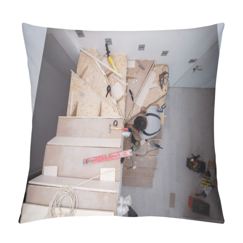 Personality  Work In Progress On Stylish Interior Professional Carpenter Installing Wooden Stairs In Big Modern Two Level Luxury Apartment Pillow Covers