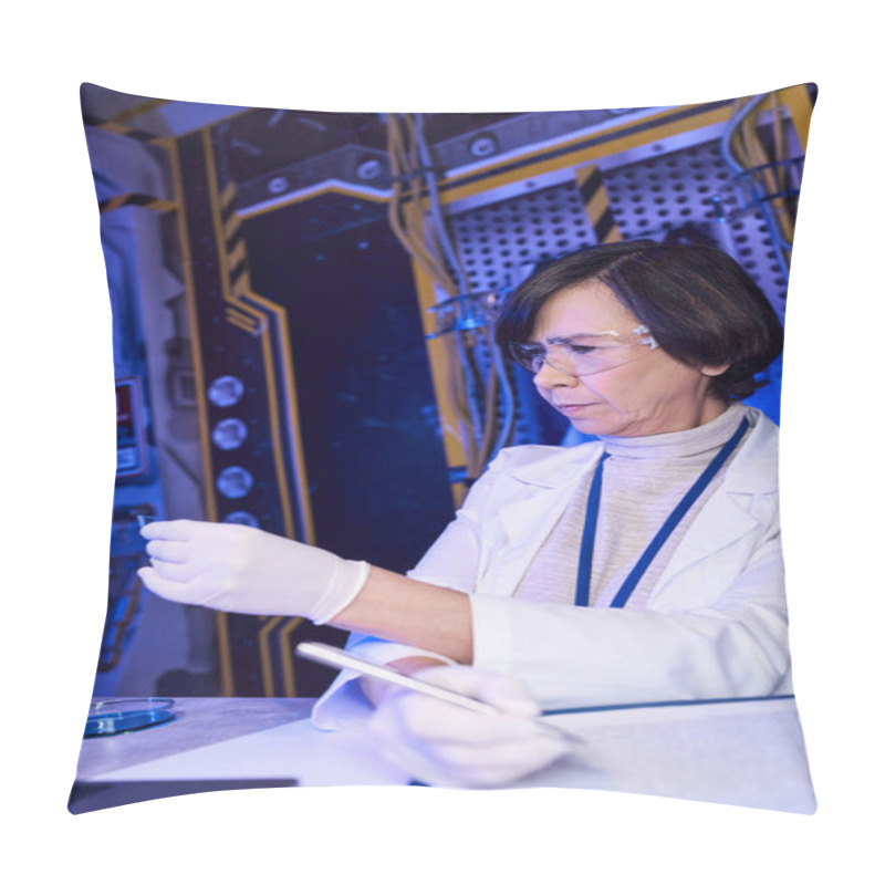 Personality  Woman Scientist In Goggles Looking At Litmus Paper, Exploring Alien Life In Innovative Laboratory Pillow Covers