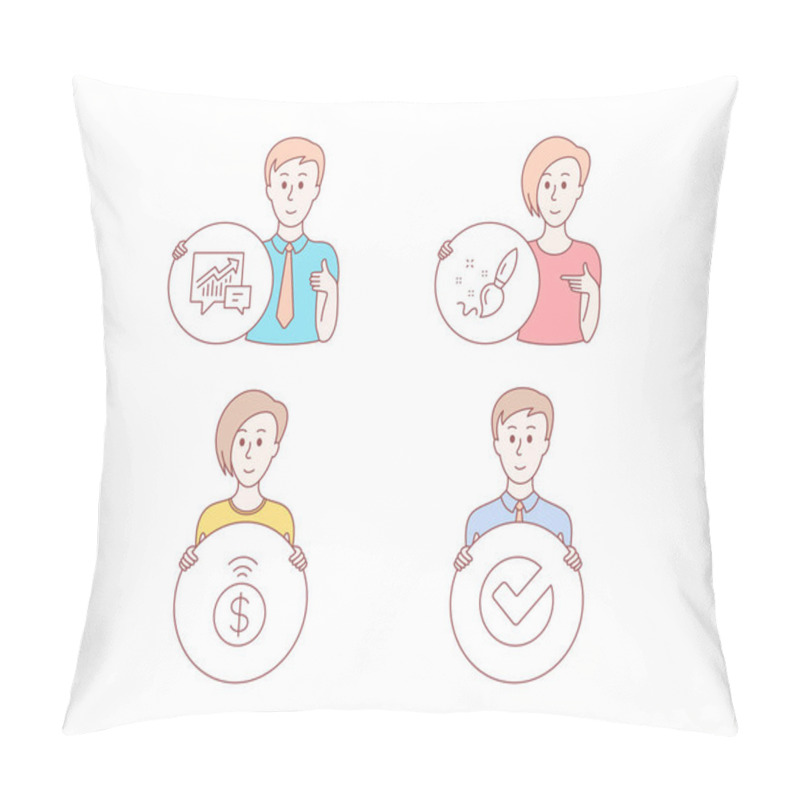 Personality  People Hand Drawn Style. Set Of Paint Brush, Accounting And Contactless Payment Icons. Verify Sign. Creativity, Supply And Demand, Financial Payment. Selected Choice.  Character Hold Circle Button Pillow Covers