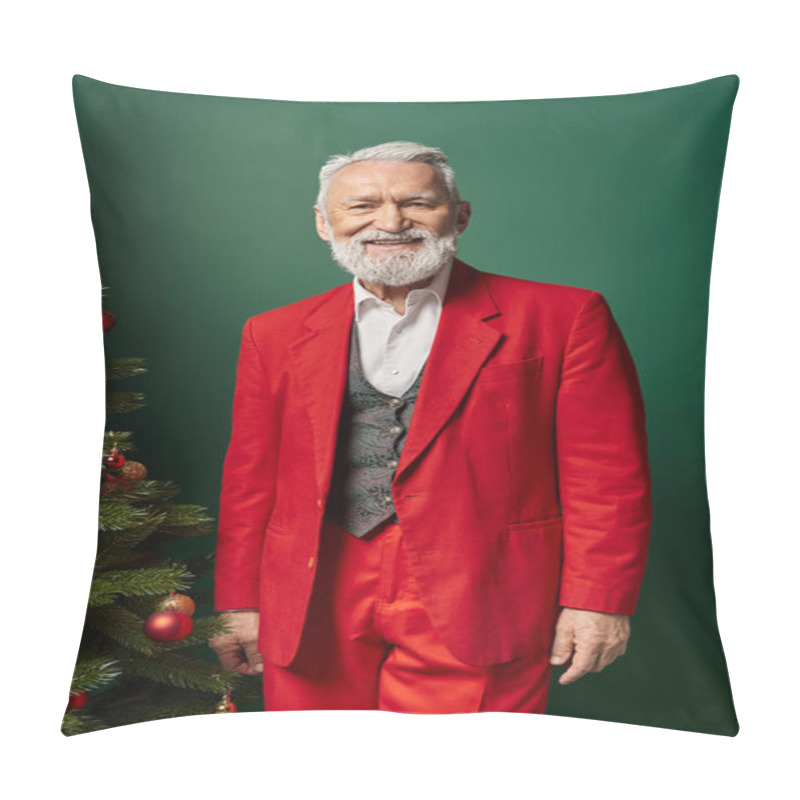 Personality  Cheerful Man In Stylish Santa Red Costume Posing Near Fir Tree With Baubles, Christmas Concept Pillow Covers