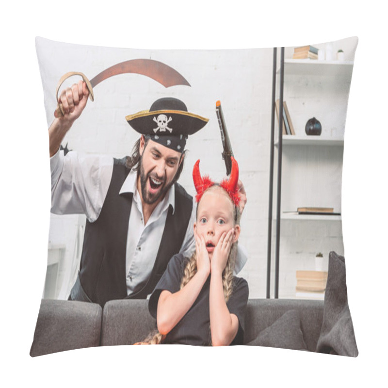 Personality  Portrait Of Daughter And Father In Halloween Costumes Playing At Home Pillow Covers