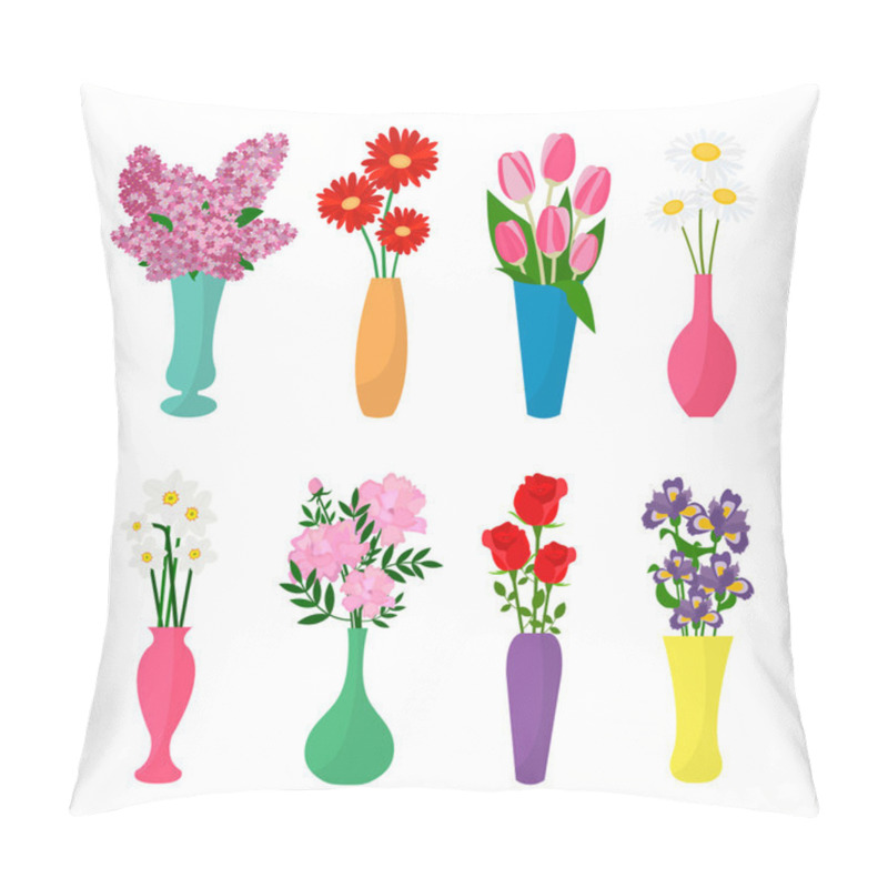 Personality  Flowers In Vases. Flower Pots Icons. Chamomile, Rose, Lilac, Tulip, Iris, Narcissus, Gerbera, Peony In Vases. Vector Illustration Pillow Covers