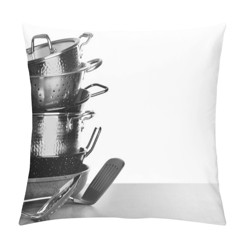 Personality  Set Of Clean Cookware And Utensils On Table Against White Background, Space For Text Pillow Covers