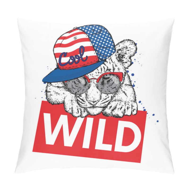 Personality  A Beautiful Tiger Cub With Glasses And A Cap. Vector Illustration For A Postcard Or A Poster, Print For Clothes And Accessories. Wild Tiger. Fashion & Style. American Flag. The Patriot Of The USA. Pillow Covers