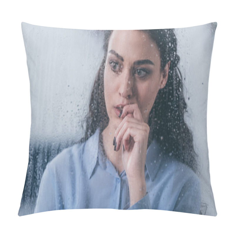 Personality  Beautiful Upset Woman Touching Face And Looking Through Window With Raindrops Pillow Covers