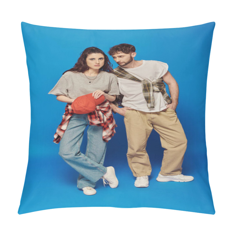 Personality  College Couple Posing In Street Wear On Blue Backdrop, Woman With Bold Makeup, Baseball Cap Pillow Covers