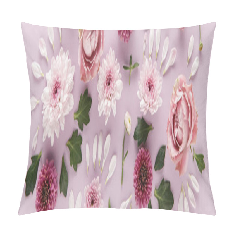 Personality  Top View Of Blooming Spring Chrysanthemums And Roses With Leaves And Petals On Violet Background, Panoramic Shot Pillow Covers