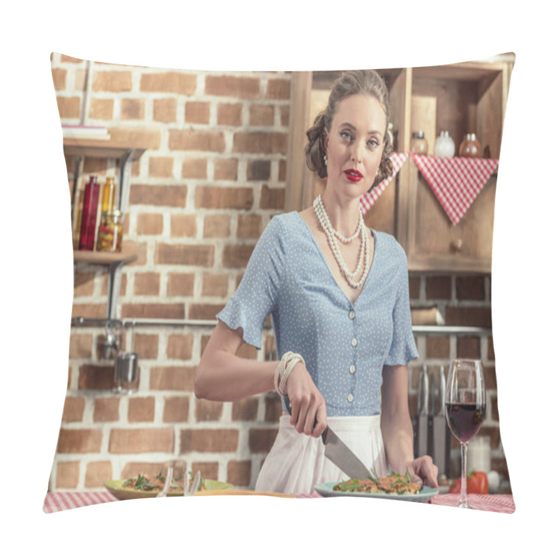 Personality  Beautiful Adult Housewife Cutting Fresh Mushroom Cake And Looking At Camera At Kitchen Pillow Covers