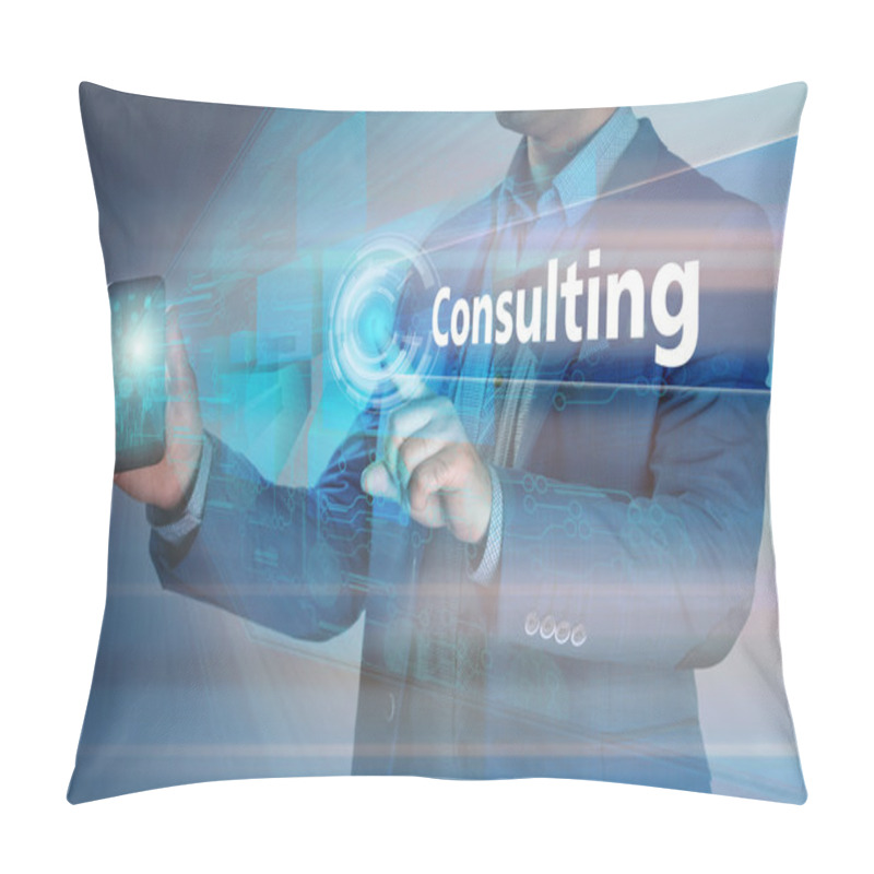 Personality  Business Concept. Businessman Holding Smatrfon And Click On The  Pillow Covers