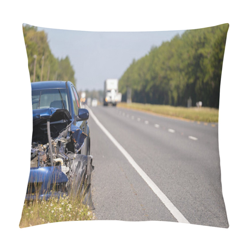 Personality  Crashed Car Damaged In Traffic Accident Parked On Road Side. Abandoned Broken Vehicle. Pillow Covers