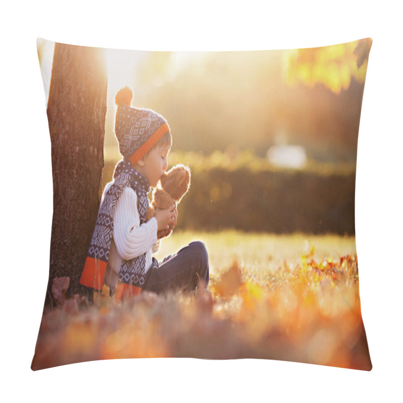 Personality  Adorable Little Boy With Teddy Bear In Park On Autumn Day Pillow Covers