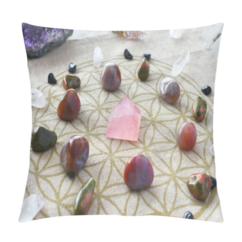 Personality  A Close Up Image Of A Self Love Crystal Grid Using The Flower Of Life Sacred Geometry Grid Cloth And Amethyst Crystals.  Pillow Covers