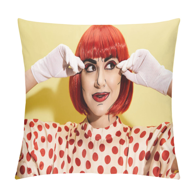 Personality  A Woman With Red Hair And White Gloves Covering Her Eyes, Clad In Pop Art Makeup And Polka Dot Blouse On A Yellow Background. Pillow Covers