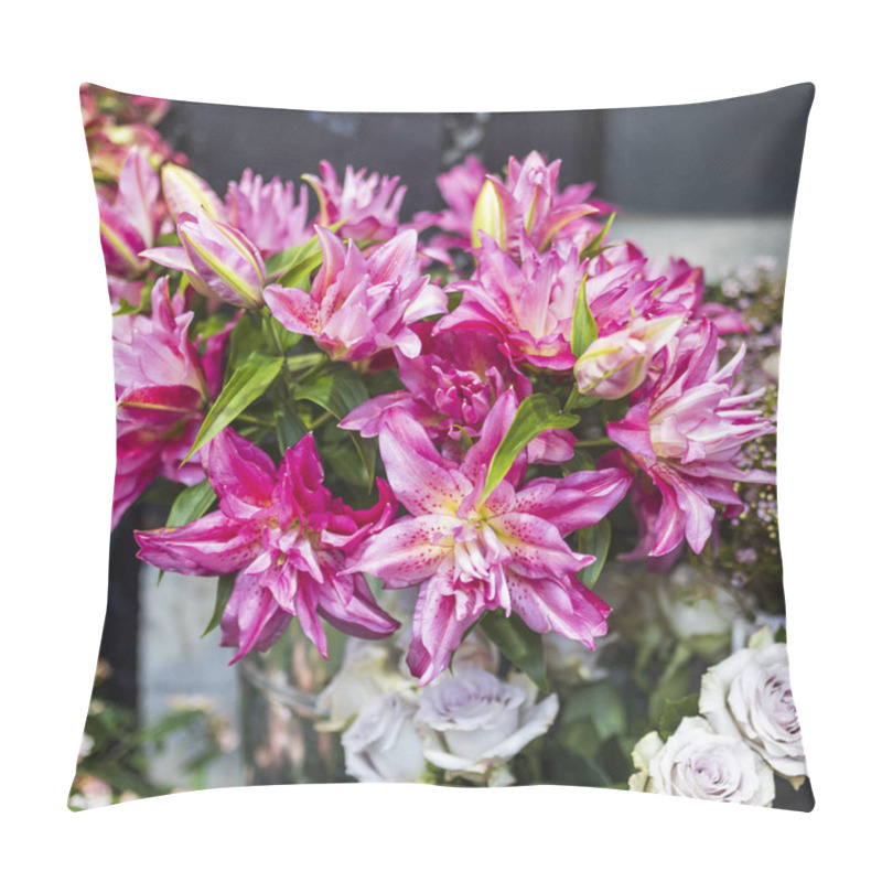 Personality  Burgundy Lilies, Pink And Lilac Roses, And Red Hydrangeas In Bouquets For Sale. Pillow Covers