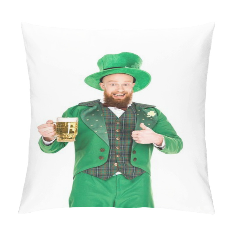 Personality  Leprechaun Celebrating St Patricks Day With Beer And Thumb Up, Isolated On White Pillow Covers