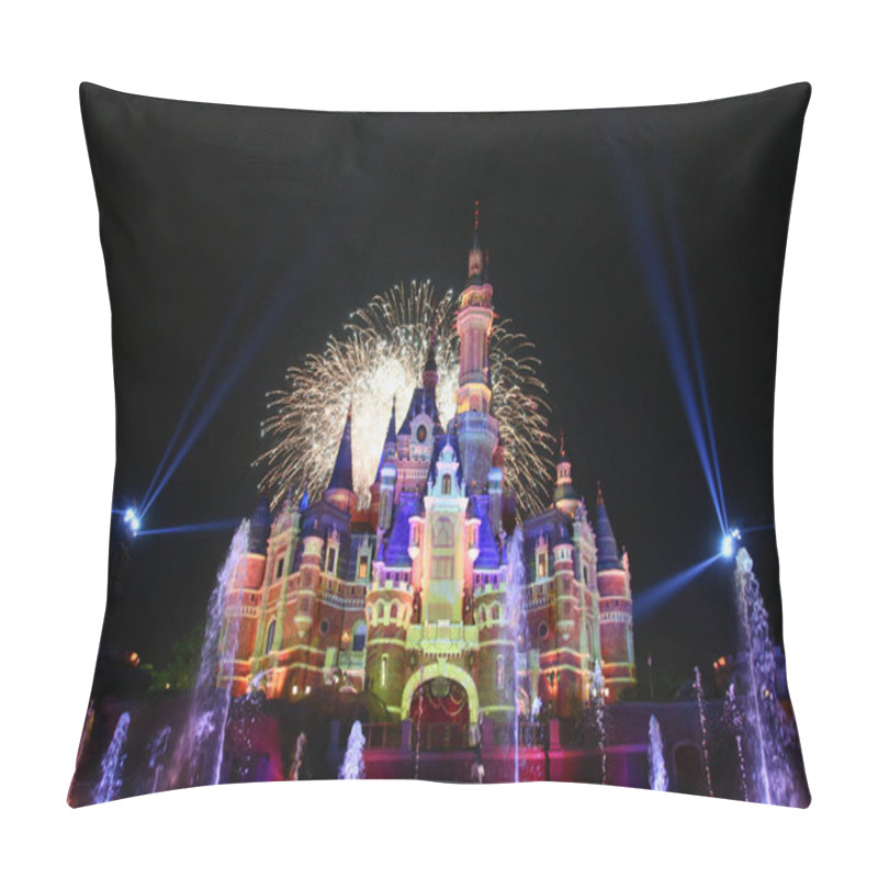 Personality  Fireworks Explode Over The Disney Castle During The First Anniversary Celebration Ceremony In The Shanghai Disneyland At The Shanghai Disney Resort In Pudong, Shanghai, China, 16 June 2017 Pillow Covers