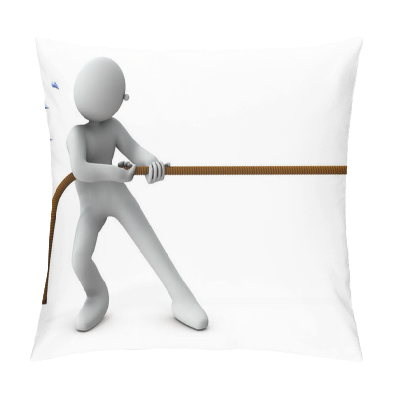 Personality  A Character Pulling A Rope. Tug Of War. White Background. 3D Rendering. Pillow Covers