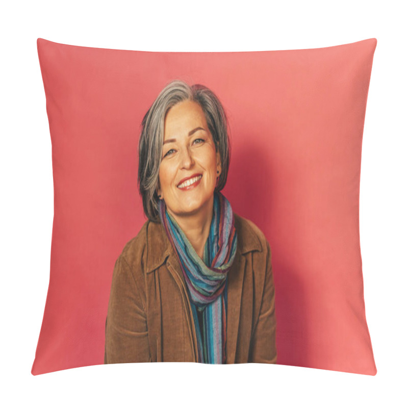 Personality  Stylish Grey Haired Woman Smiles Broadly Posing In Studio On Pink Background. Charming Good-looking Mature Lady Looks At Camera. Glamour Concept. Tinted Image Pillow Covers