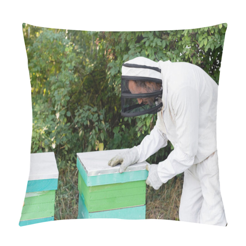 Personality  Bee Master In Safety Suit And Helmet Opening Beehive On Apiary Pillow Covers