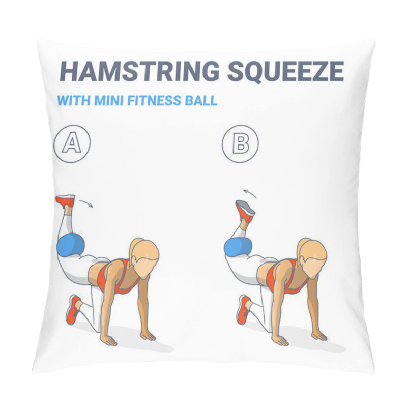 Personality  Girl Doing Hamstring Squeeze With Fitness Mini Ball Home Workout Exercise Guide Color Illustration. Pillow Covers