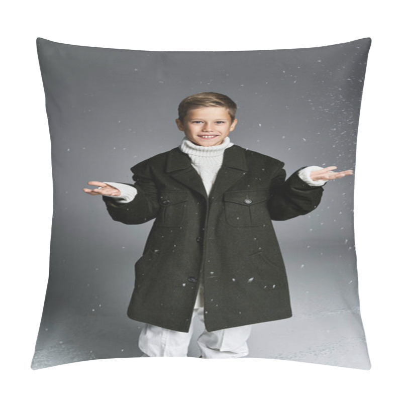 Personality  A Happy Boy Dressed In Winter Clothing Joyfully Plays While Snowflakes Fall Around Them Pillow Covers