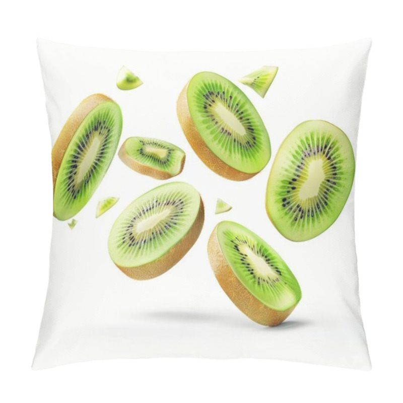 Personality  Fresh Slices Of Green Kiwi Floating In Mid-air Against A Light Background. Pillow Covers