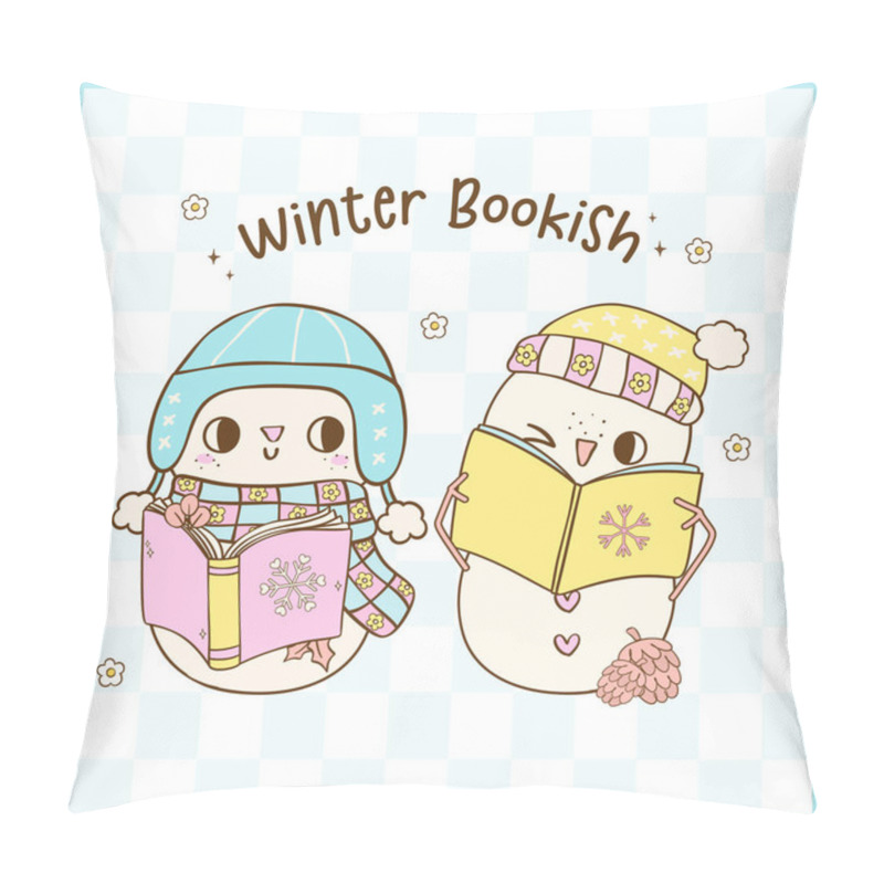 Personality  Cute Groovy Retro Winter Bookish Snowman Reading Book Illustration Hand Drawn Doodle. Pillow Covers