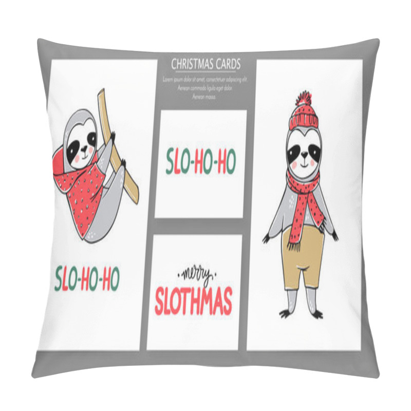 Personality  Cute Sloth, Merry Christmas Cards Collection. Vector Funny Illustrations For Winter Holidays. Doodle Lazy Sloths Bears And Lettering Inscriptions. Happy New Year And Xmas Animals Set Pillow Covers