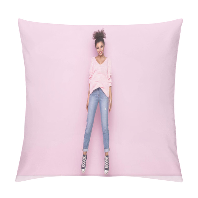 Personality  Happy Afro Girl With Amazing Smile Posing On Pink Background. Pillow Covers