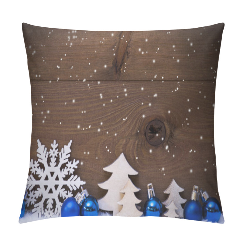 Personality  Blue Christmas Card With Decoration, Snow, Copy Space, Snowflake Pillow Covers