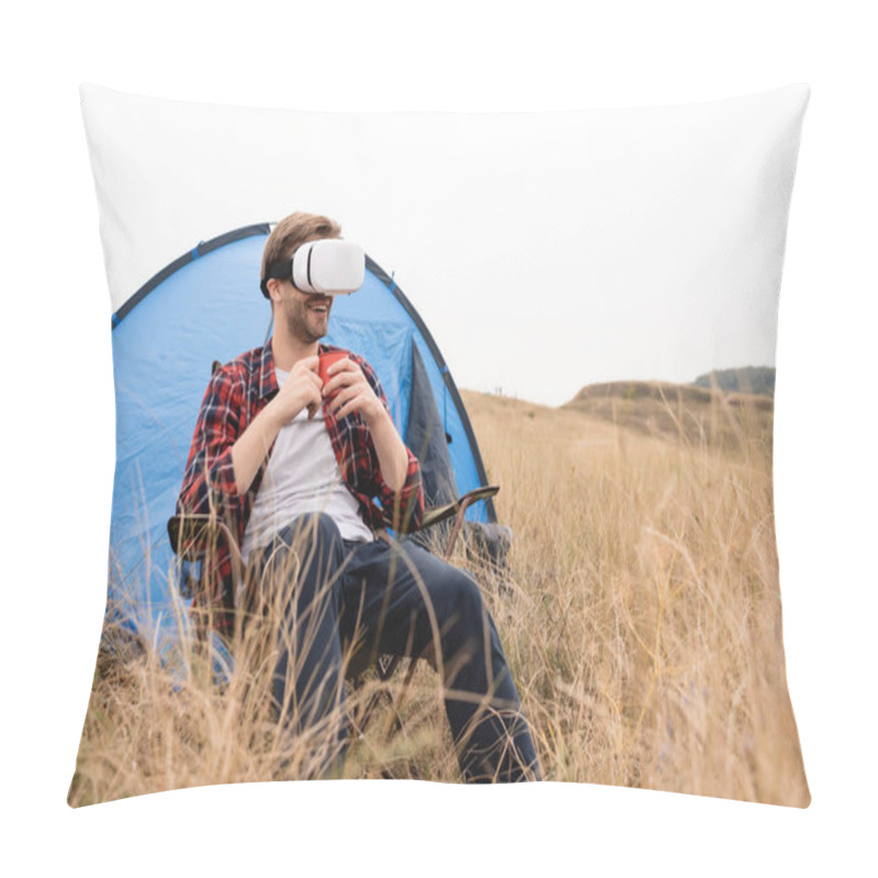 Personality  Smiling Man In Vr Headset Holding Cup Near Tent On Grassy Meadow  Pillow Covers