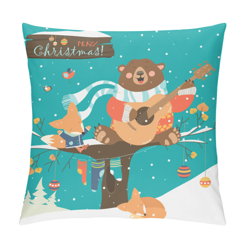 Personality  Cute Bear And Little Fox Celebrating Christmas Pillow Covers