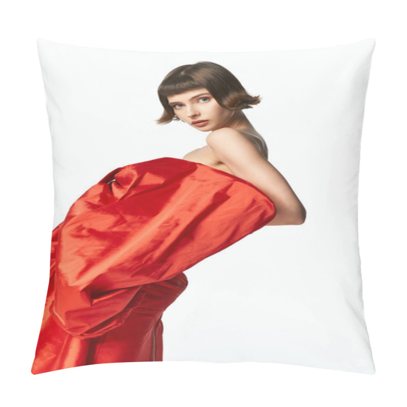 Personality  A Stylish Model Captivates With Her Striking Red Dress And Short Hair. Pillow Covers