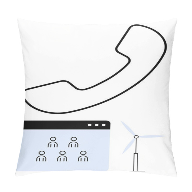 Personality  Phone Icon, Virtual Meeting Interface With Six User Icons, And Wind Turbine Graphic. Ideal For Technology, Collaboration, Communication, Remote Work, Sustainability, Innovation Abstract Line Flat Pillow Covers