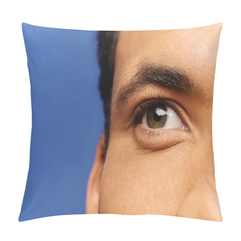 Personality  A Handsome Man Gazes Thoughtfully With Striking Green Eyes, Framed By A Vibrant Blue Backdrop. Pillow Covers