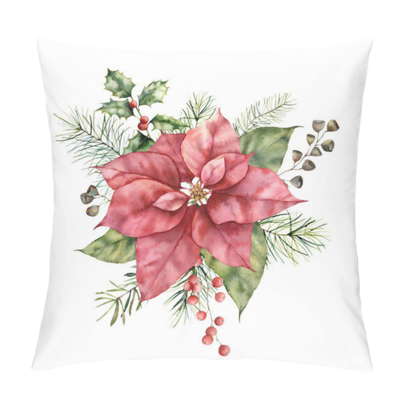 Personality  Watercolor Christmas Bouquet With Poinsettia And Holly. Hand Painted Holiday Flower, Seeds And Berries Isolated On White Background. Winter Floral Illustration For Design, Print, Fabric Or Background. Pillow Covers