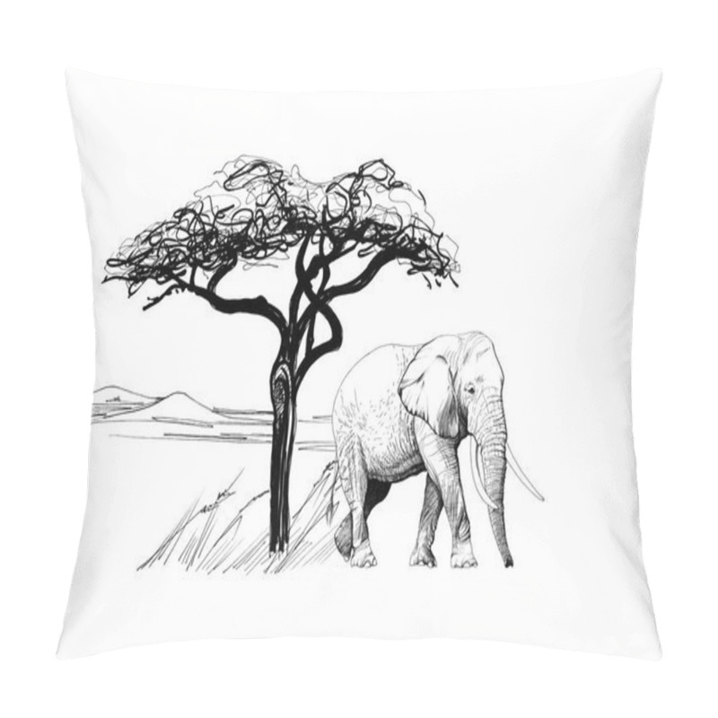 Personality  Elephant Near A Tree In Africa. Hand Drawn Illustration. Collection Of Hand Drawn Illustrations (originals, No Tracing) Pillow Covers