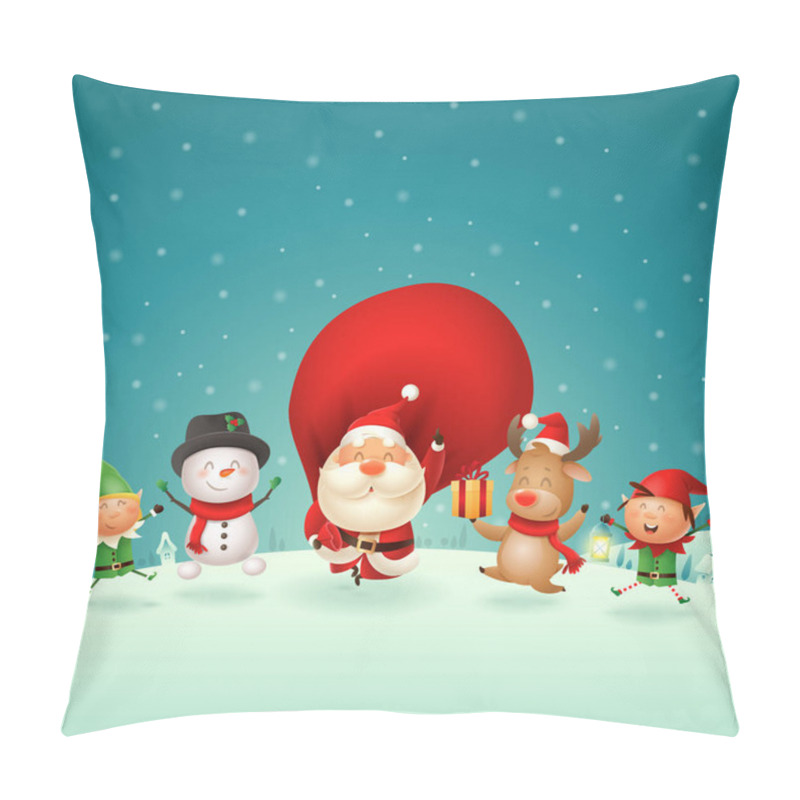 Personality  Christmas Friends Elves Santa Snowman And Reindeer Celebrate Holidays - Jumping Singing Dancing On Winter Night Scene - Vector Illustration Pillow Covers