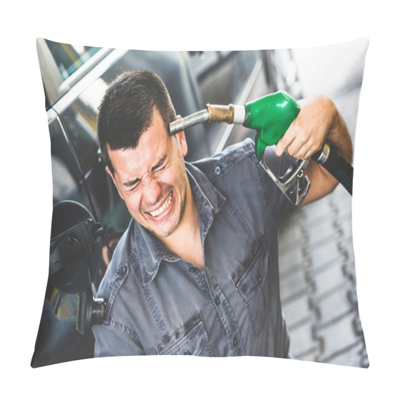 Personality  Desperate Man Using Fuel Pump As Gun Pillow Covers